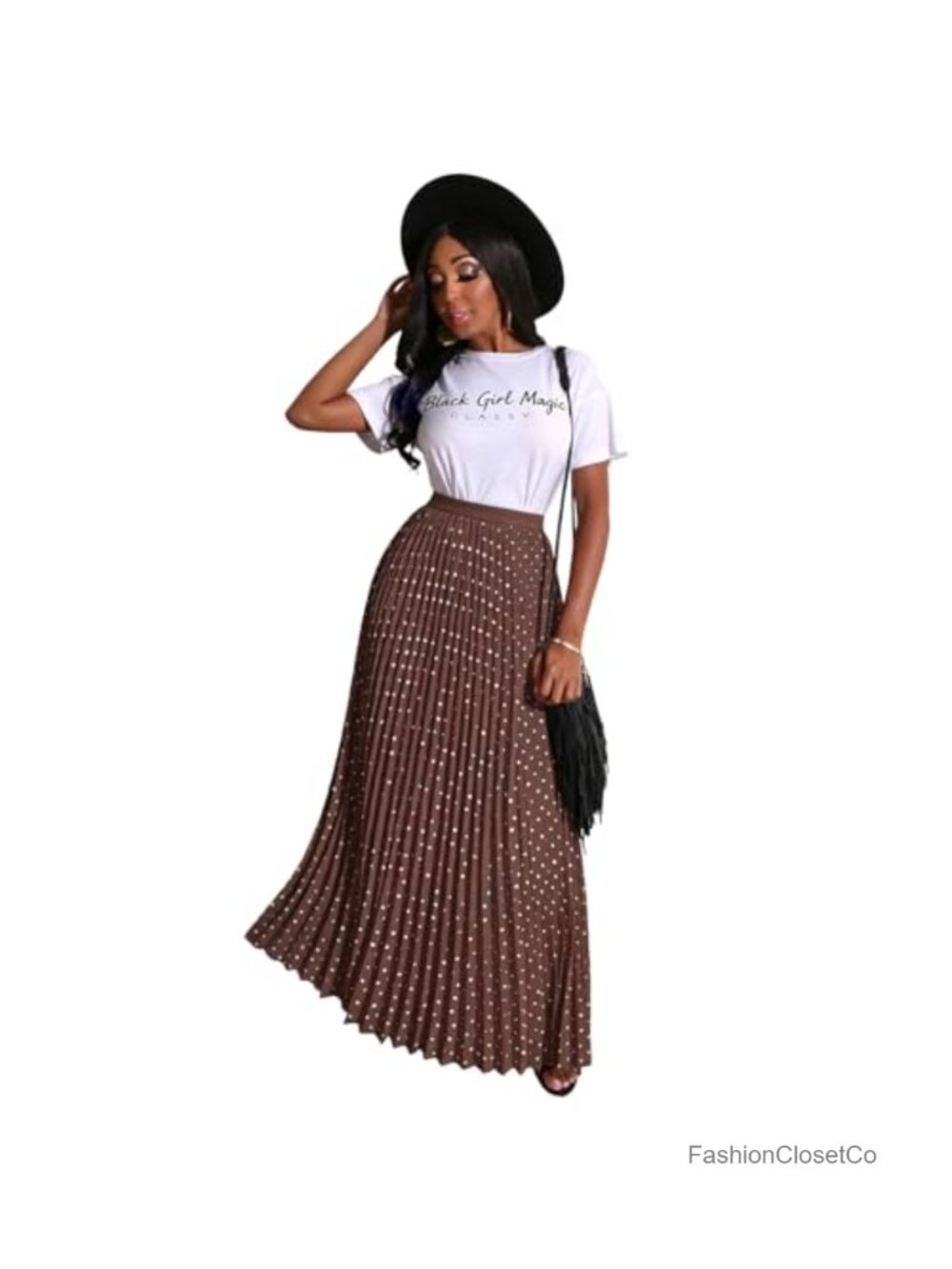 Women Pleated Maxi Skirt High Rise Polka Dot Long Skirt